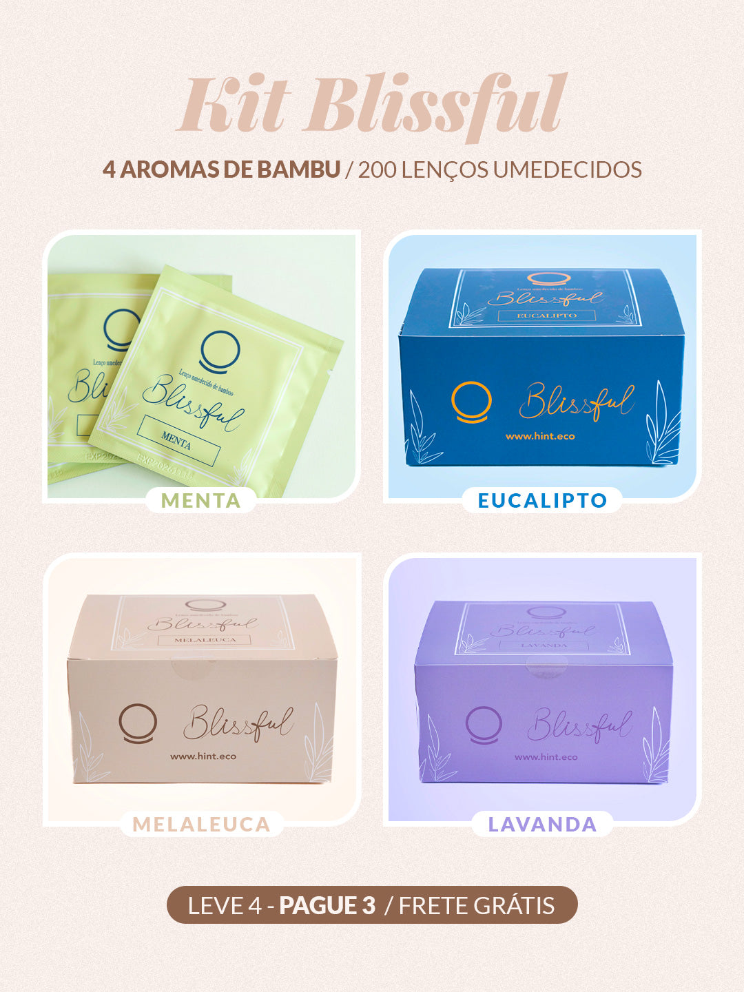 Kit Blissful - 4 caixas de Lenços Umedecidos de Bambu